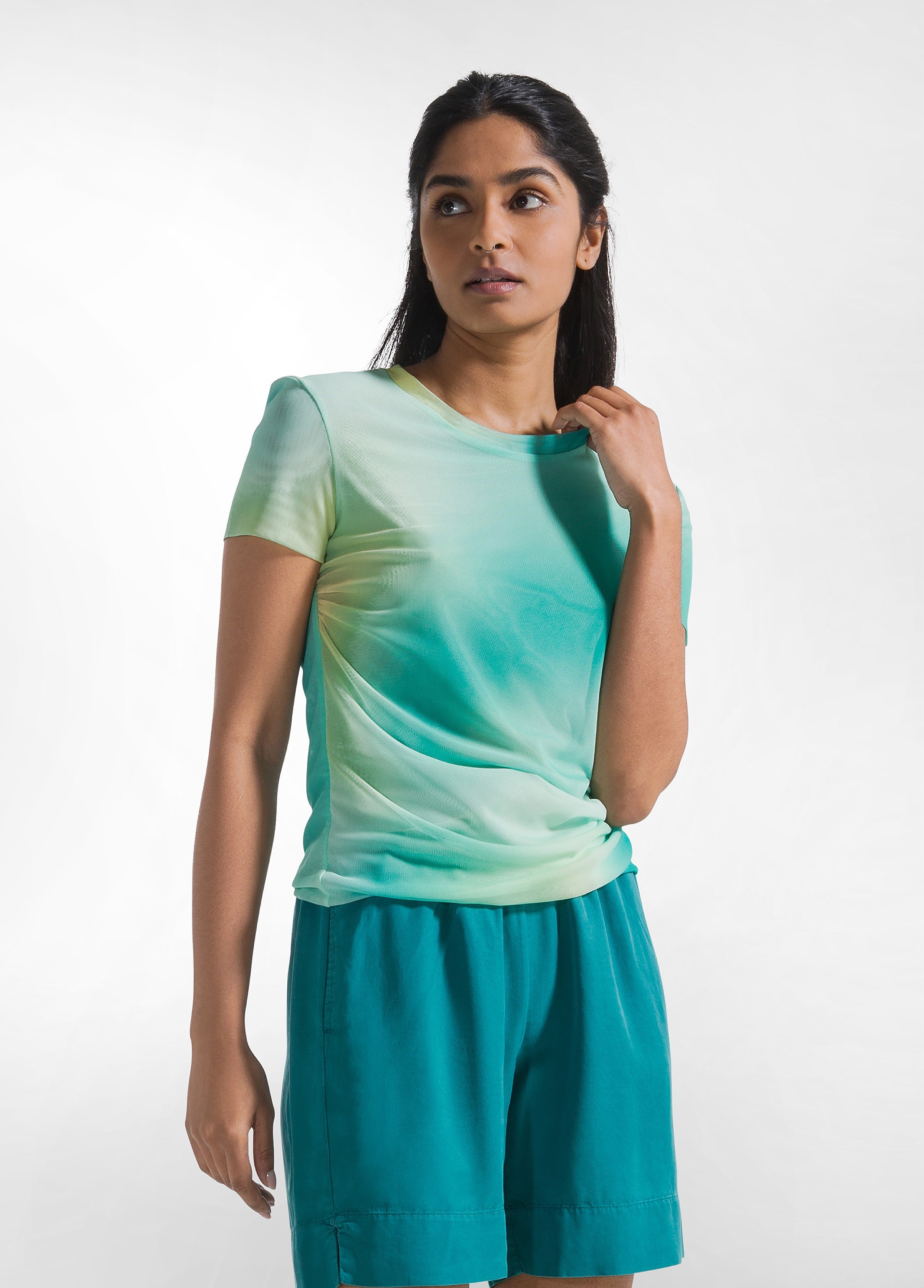 deha-t-shirt-plissettata-doppio-strato-tulle-allover-blu-t-shirt-glam image 1