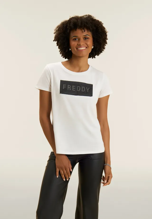 freddy-t-shirt-donna-cotone-supima-con-strass-e-inserto-mesh image 1