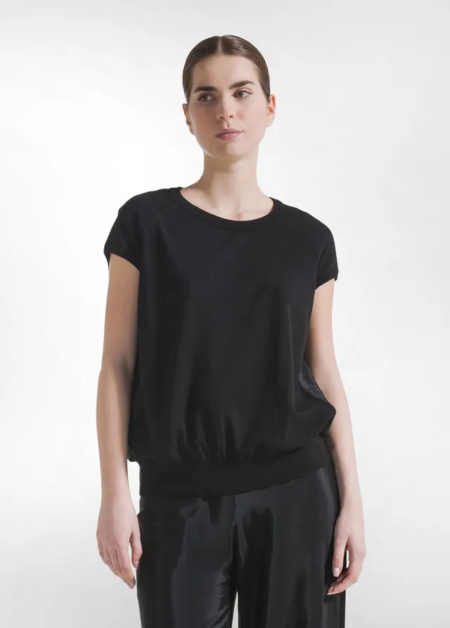 deha-top-donna-in-misto-cotone-e-seta-nero-scollo-a-v image 1