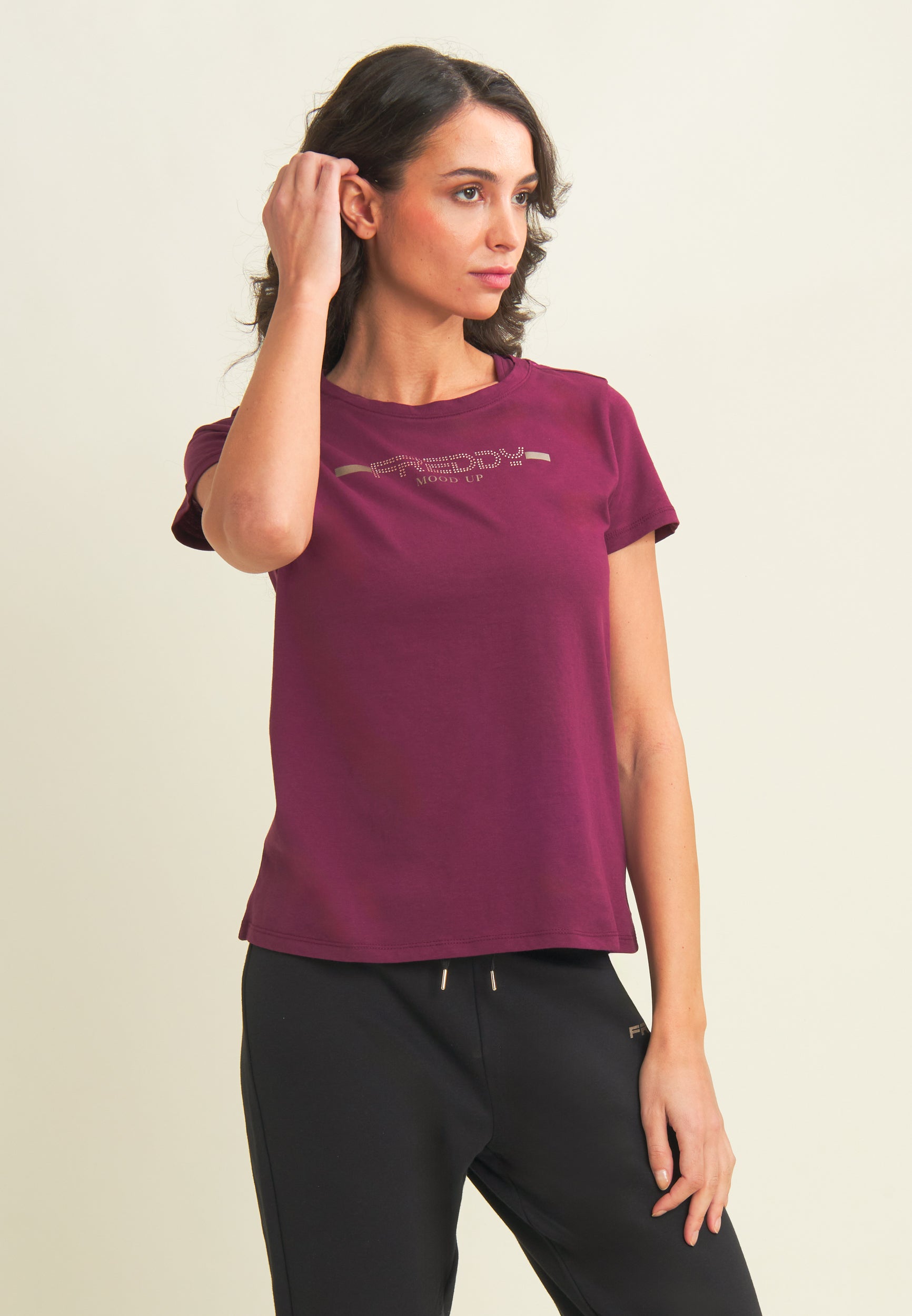 freddy-t-shirt-donna-con-strass-e-banda-logata-sulle-spalle image 1