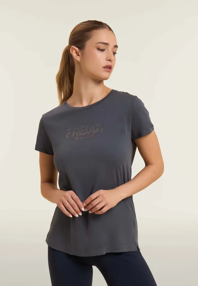 freddy-t-shirt-donna-con-spacchi-laterali-e-logo-in-strass image 1