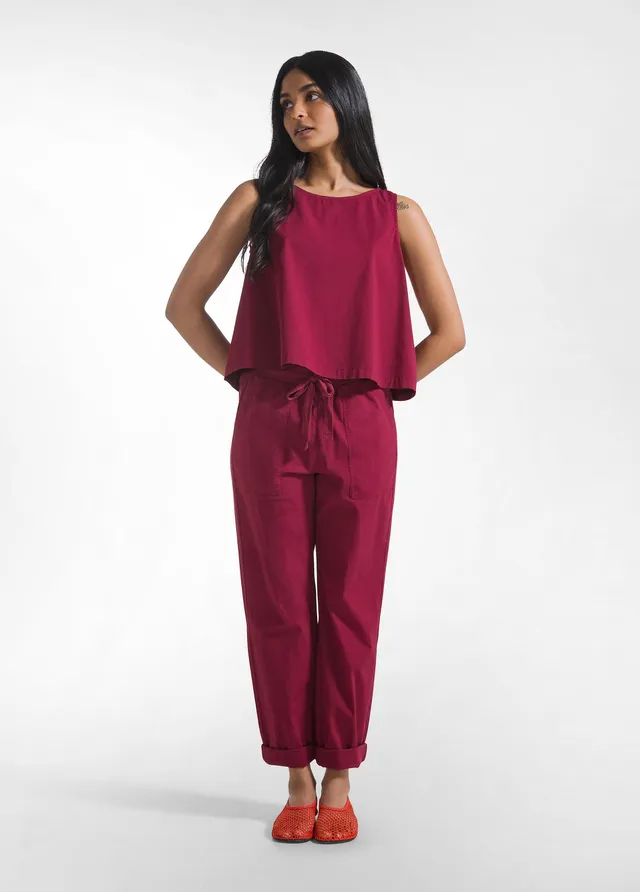 deha-completo-top-e-pantaloni-dritti-in-popline-elasticizzato-rosso image 1