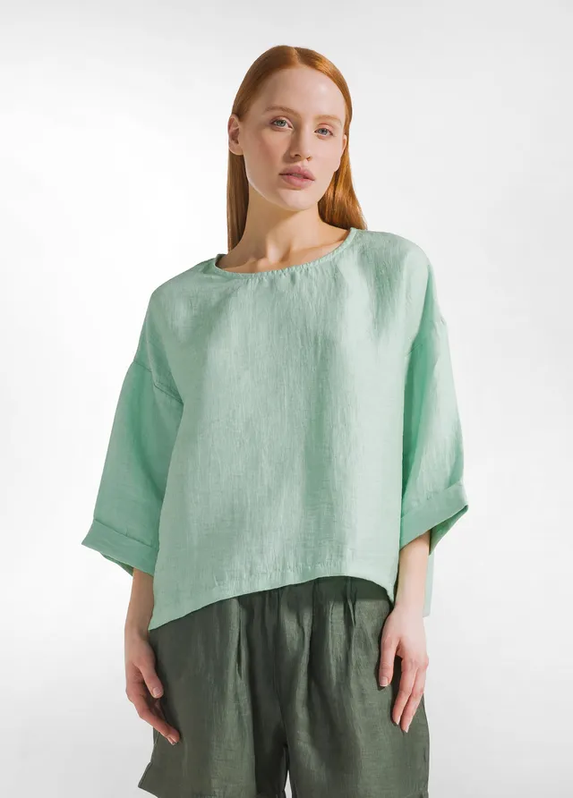 deha-blusa-in-lino-lucido-verde-manica-ampia-3-4 image 1