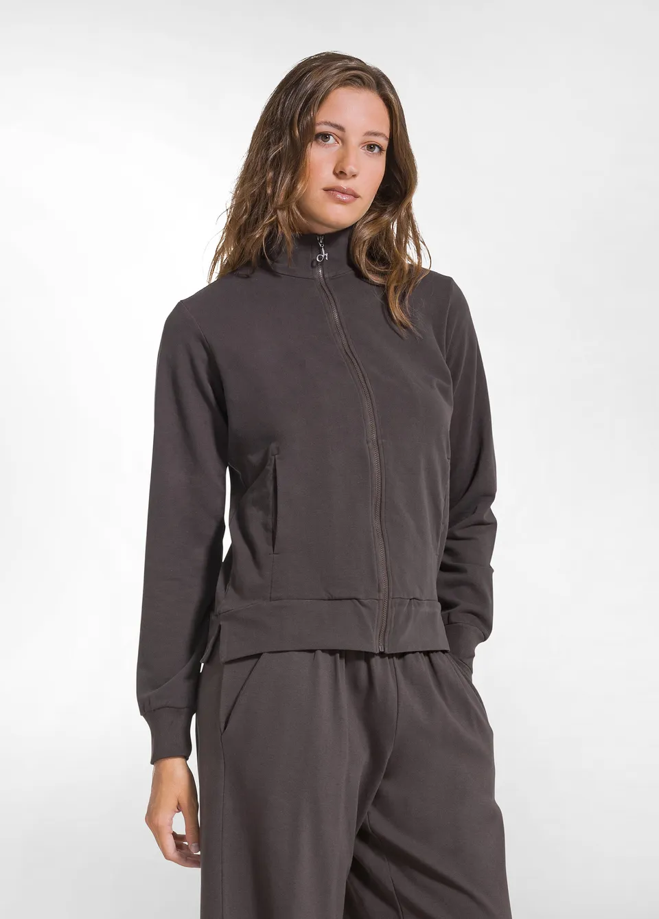 deha-felpa-stretch-con-zip-senza-cappuccio-marrone image 1