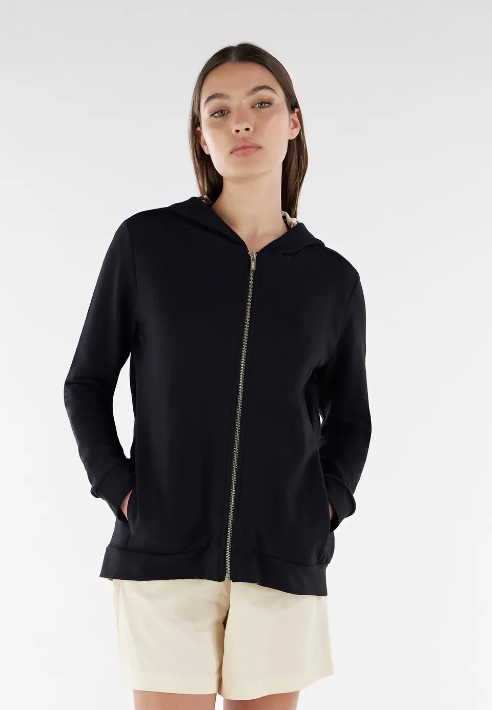 freddy-felpa-comfort-zip-cappuccio-interno-beige-donna image 1