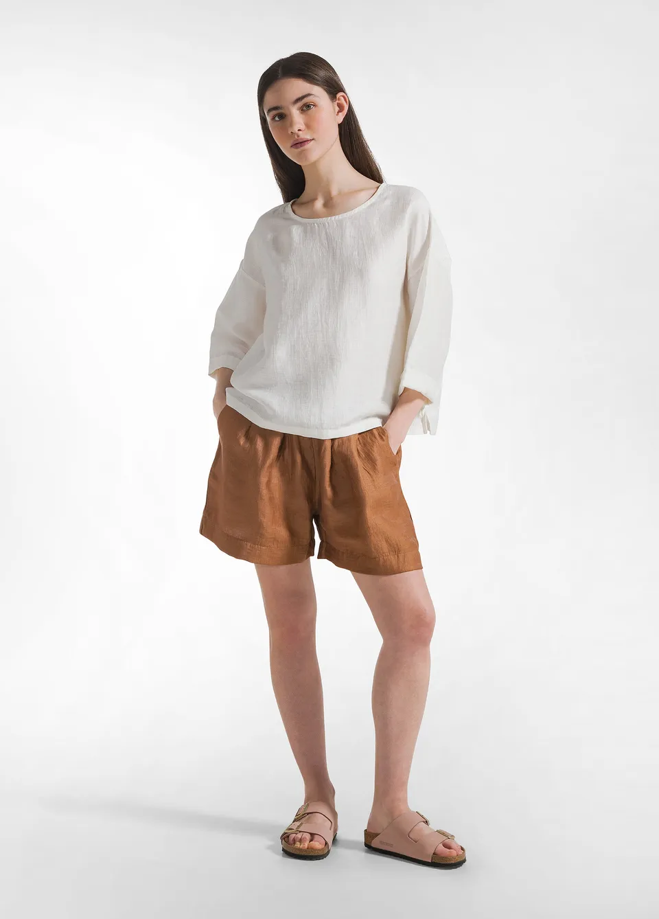deha-shorts-in-lino-lucido-marrone-vita-elastica image 1