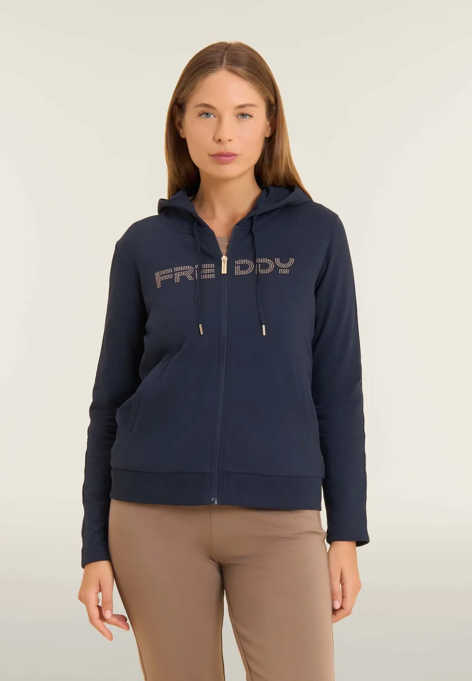 freddy-felpa-donna-con-zip-cappuccio-e-banda-logata-strass image 1