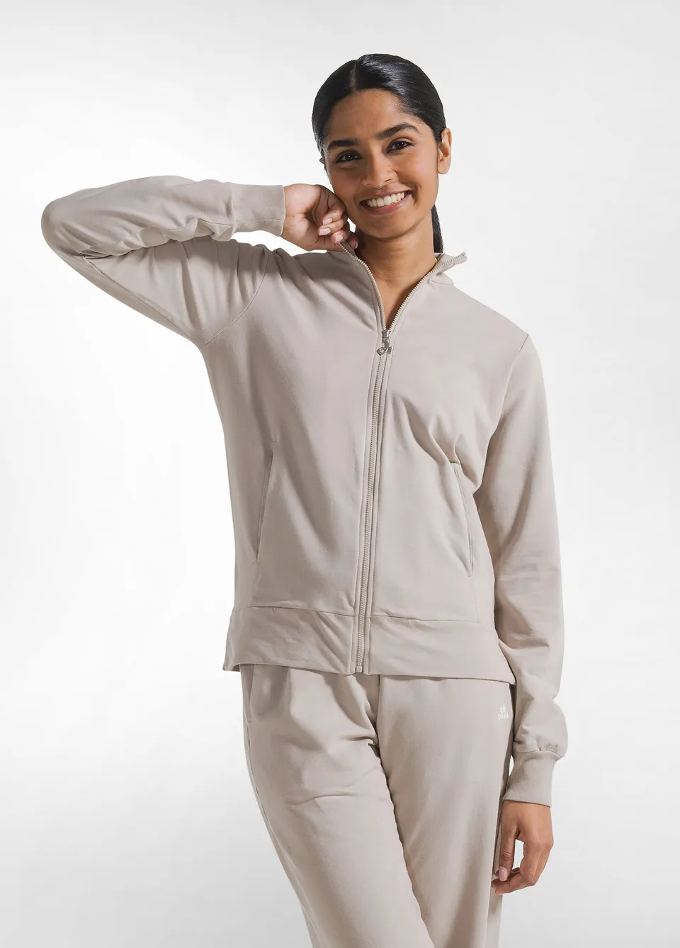 deha-felpa-leggera-core-con-zip-beige-felpa-donna-con-collo-alto image 1