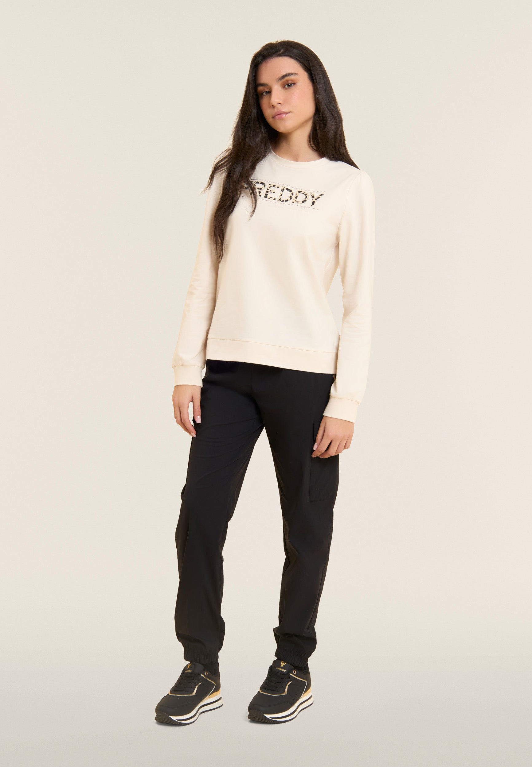 freddy-felpa-donna-logo-animalier-drappeggio-spalle-cotone-stretch image 2