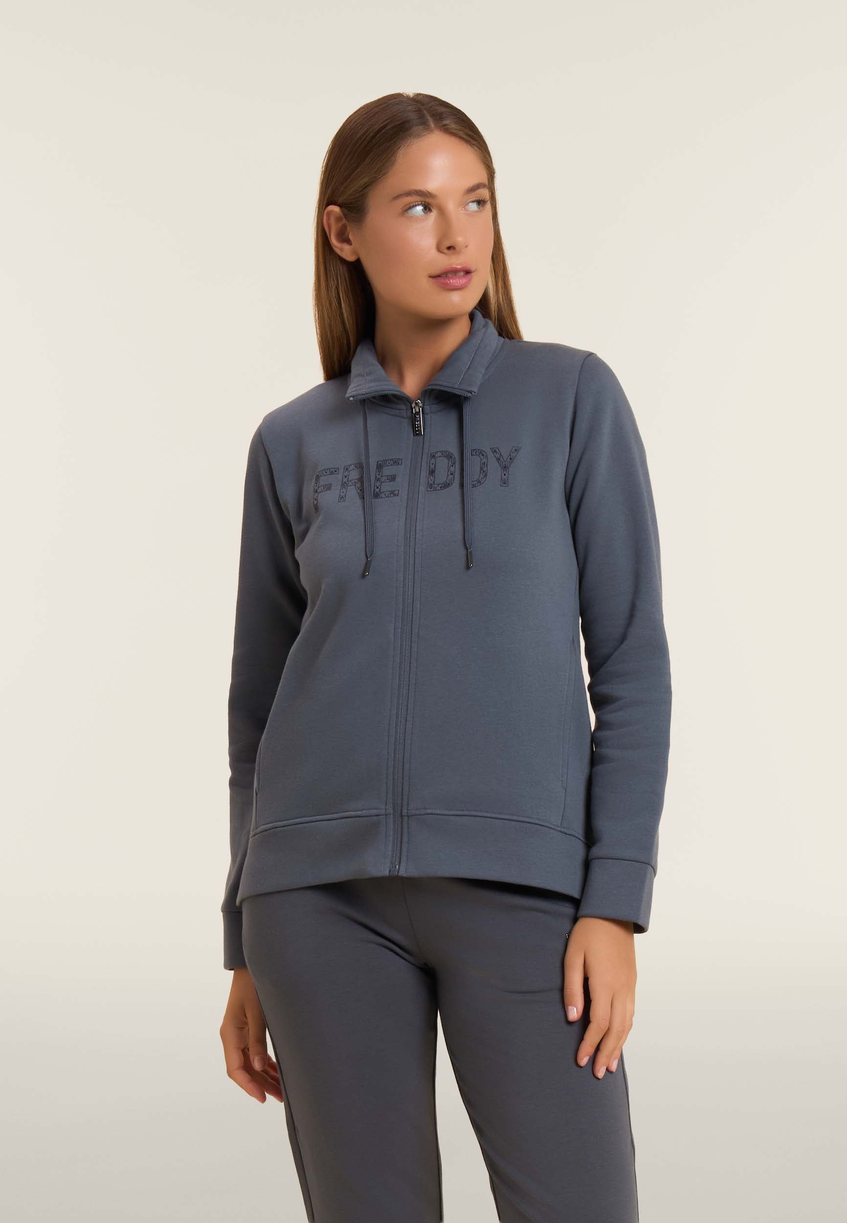 freddy-tuta-donna-full-zip-collo-alto-con-logo-perlato-in-felpa-garzata image 2