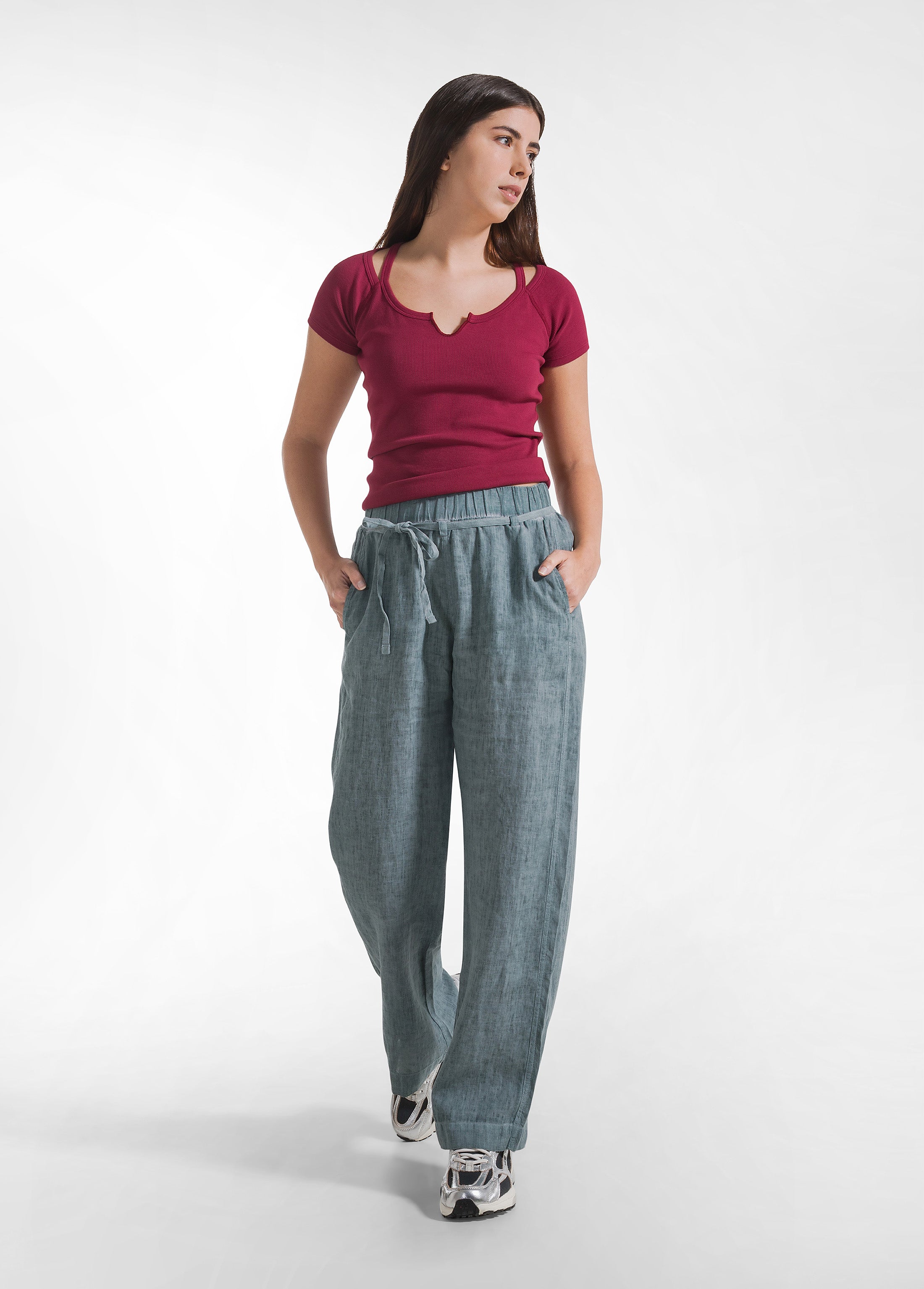 deha-pantaloni-dritti-in-lino-effetto-sfumato-verde image 1