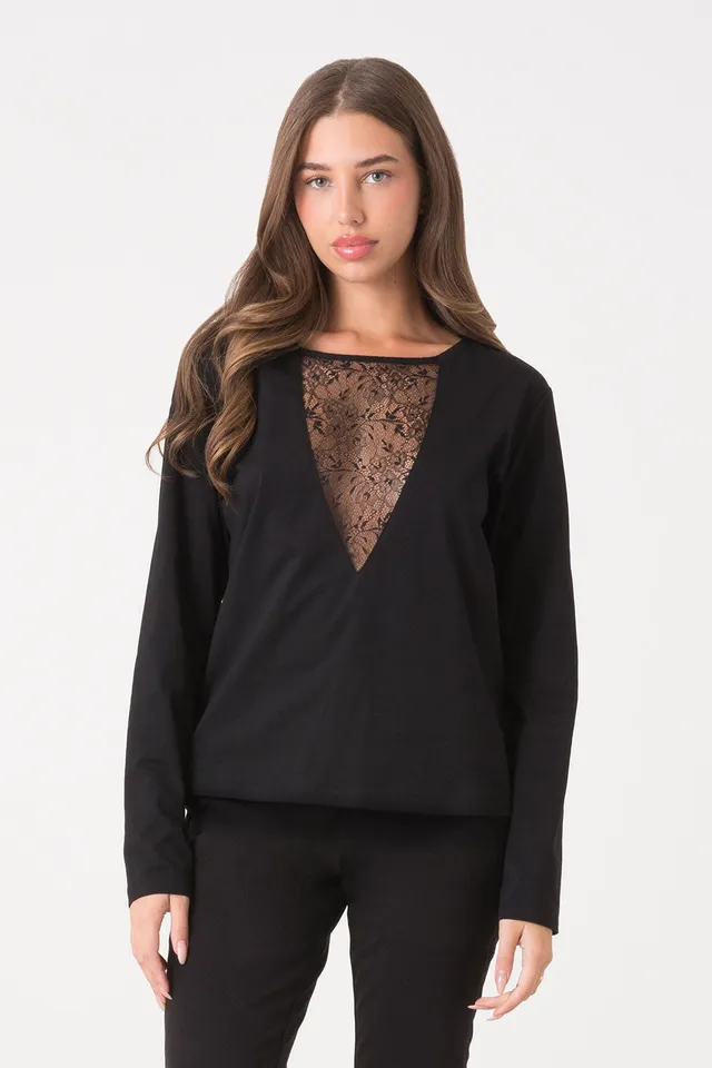 dimensione-danza-t-shirt-donna-manica-lunga-jersey-stretch-con-inserto-v-in-pizz image 1