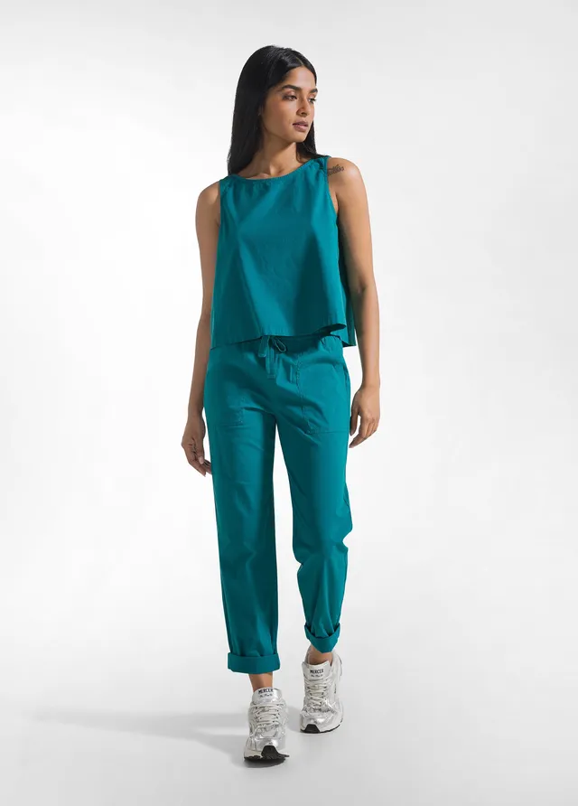 deha-pantaloni-dritti-in-popline-elasticizzato-verde-d42556 image 1
