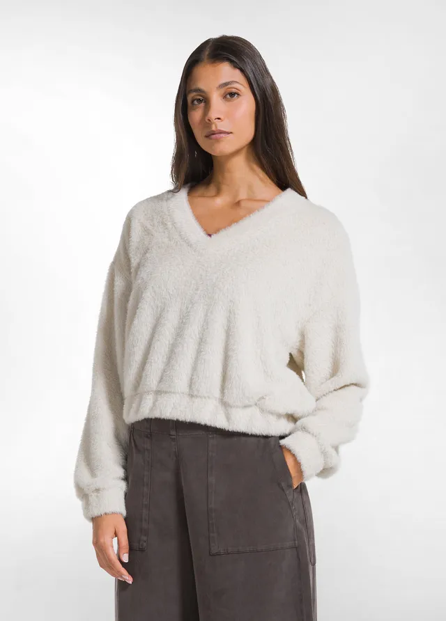 deha-felpa-in-pile-leggero-con-scollo-a-v-bianco image 1