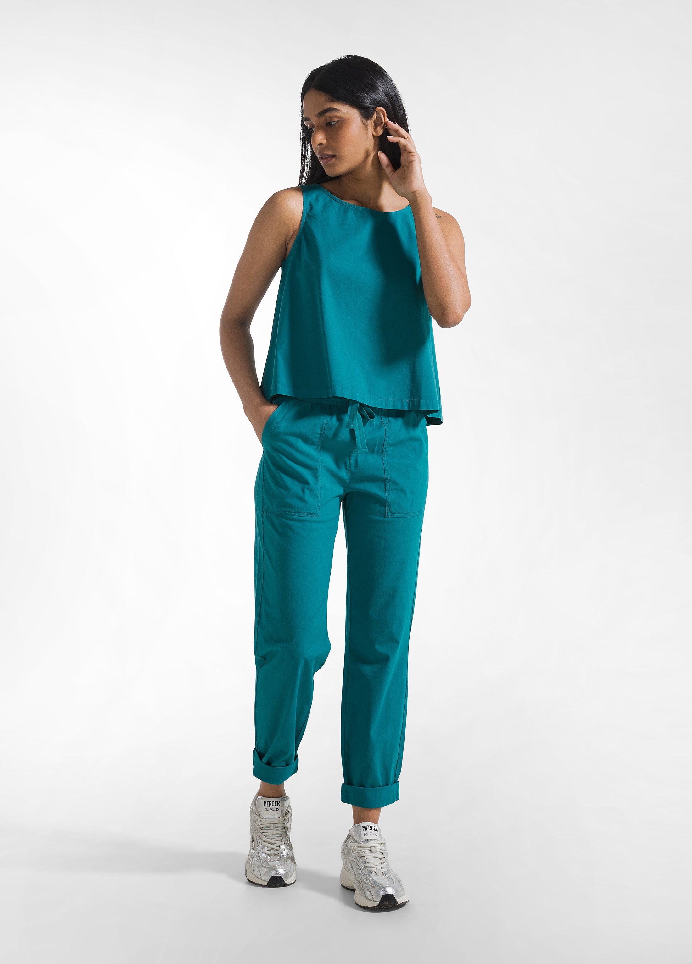 deha-set-top-e-pantaloni-dritti-in-popline-elasticizzato-verde image 1