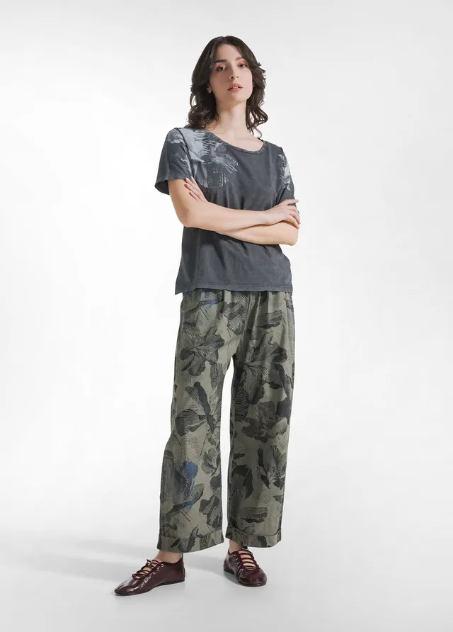 deha-pantalone-relaxed-in-popeline-stampato-verde image 1
