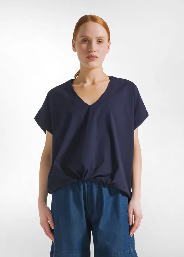 deha-blusa-in-popline-con-coulisse-blu-scollo-a-v image 1