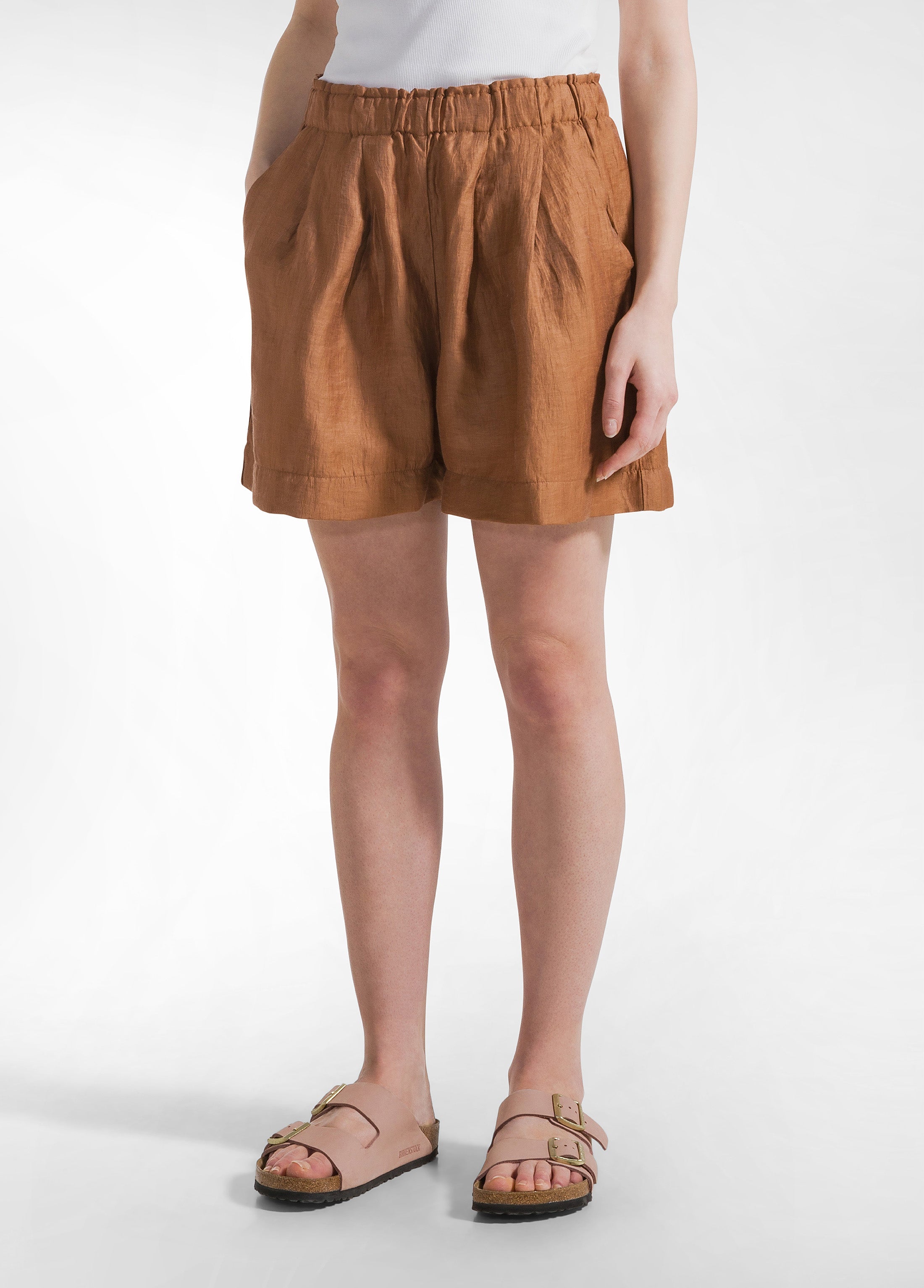 deha-shorts-in-lino-lucido-marrone-vita-elastica image 2