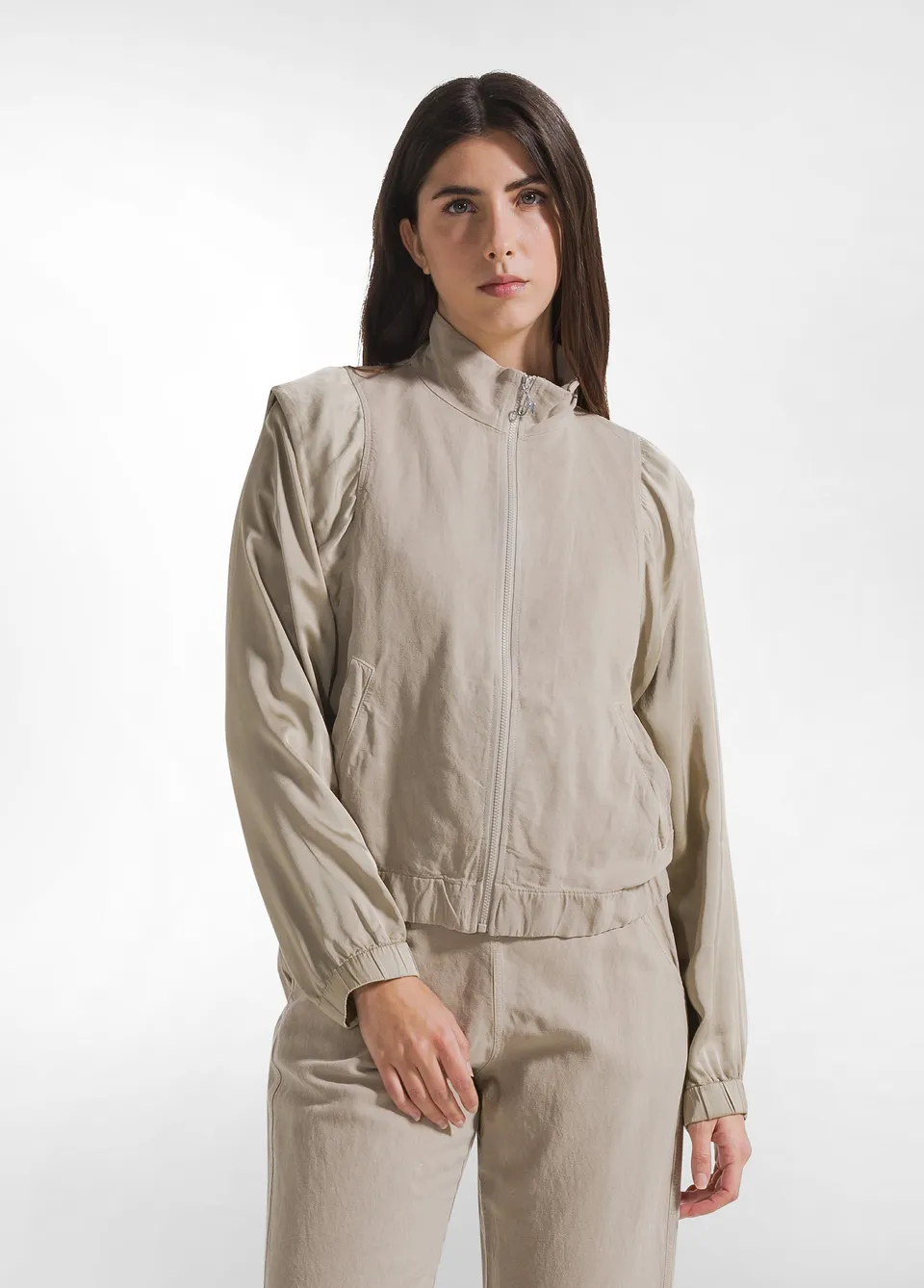 deha-bomber-in-lino-con-maniche-in-satin-e-zip-beige-d42480 image 1