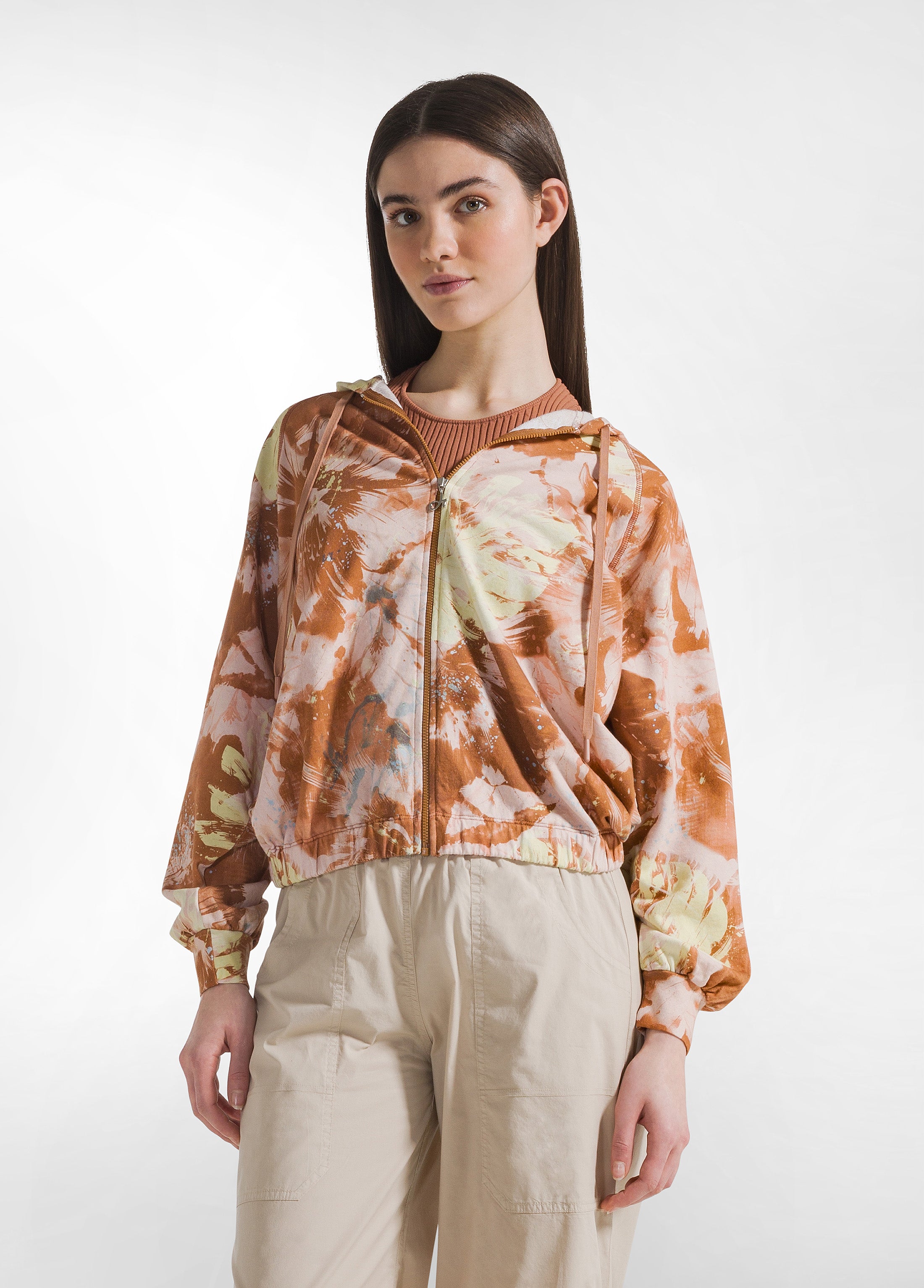 deha-felpa-stampa-flower-con-cappuccio-e-zip-marrone image 4