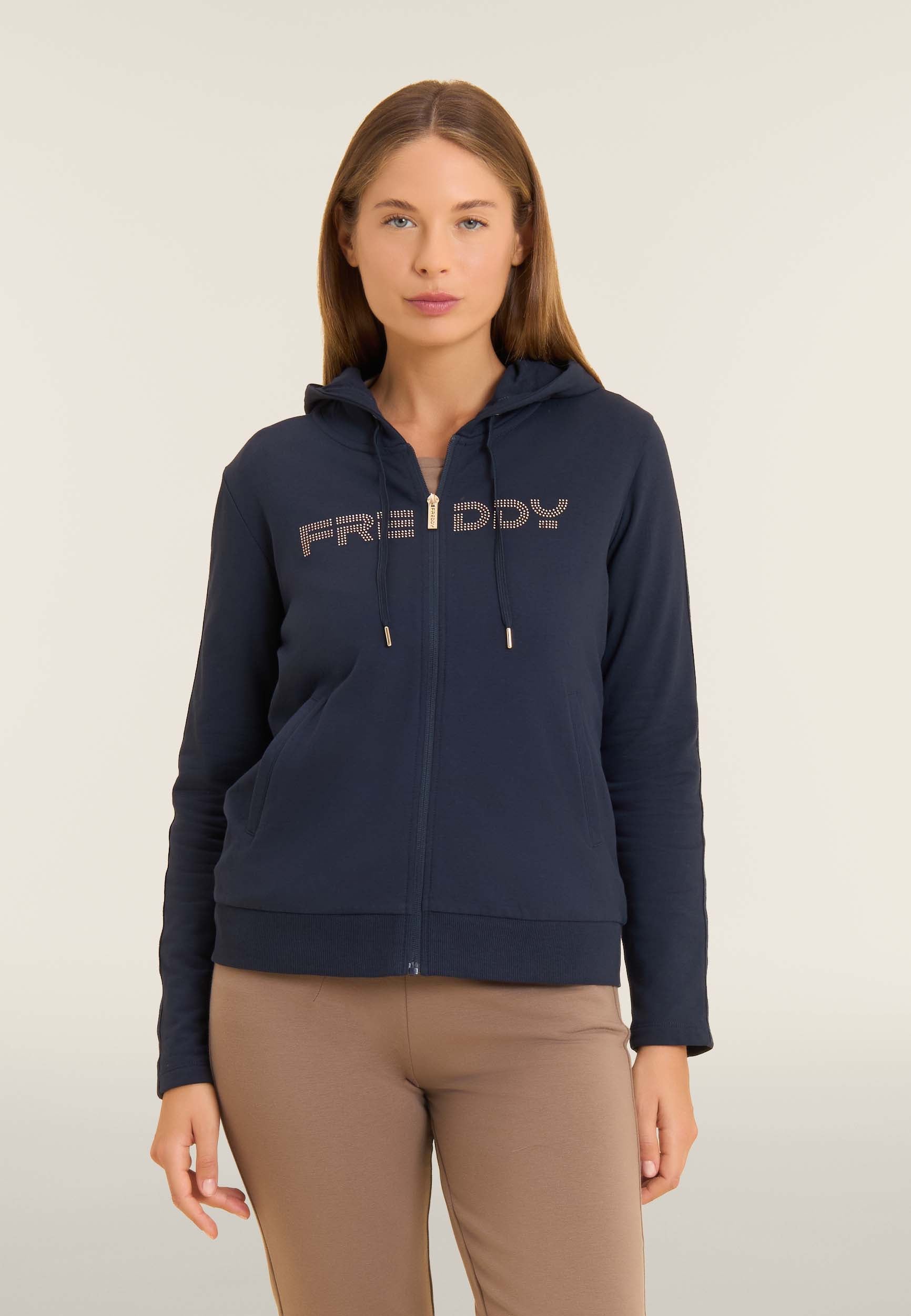 freddy-felpa-donna-con-zip-cappuccio-e-banda-logata-strass image 1
