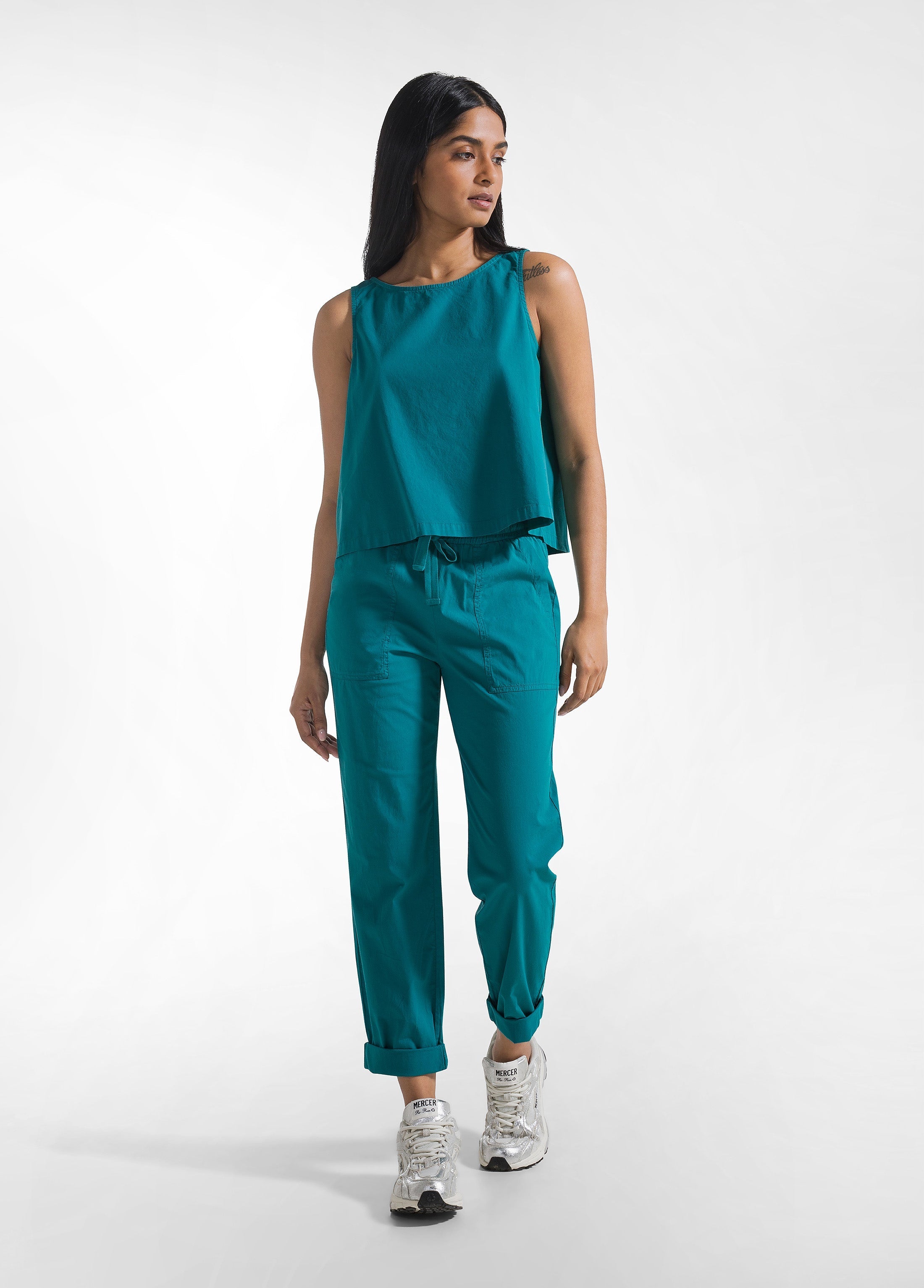 deha-set-top-e-pantaloni-dritti-in-popline-elasticizzato-verde image 5