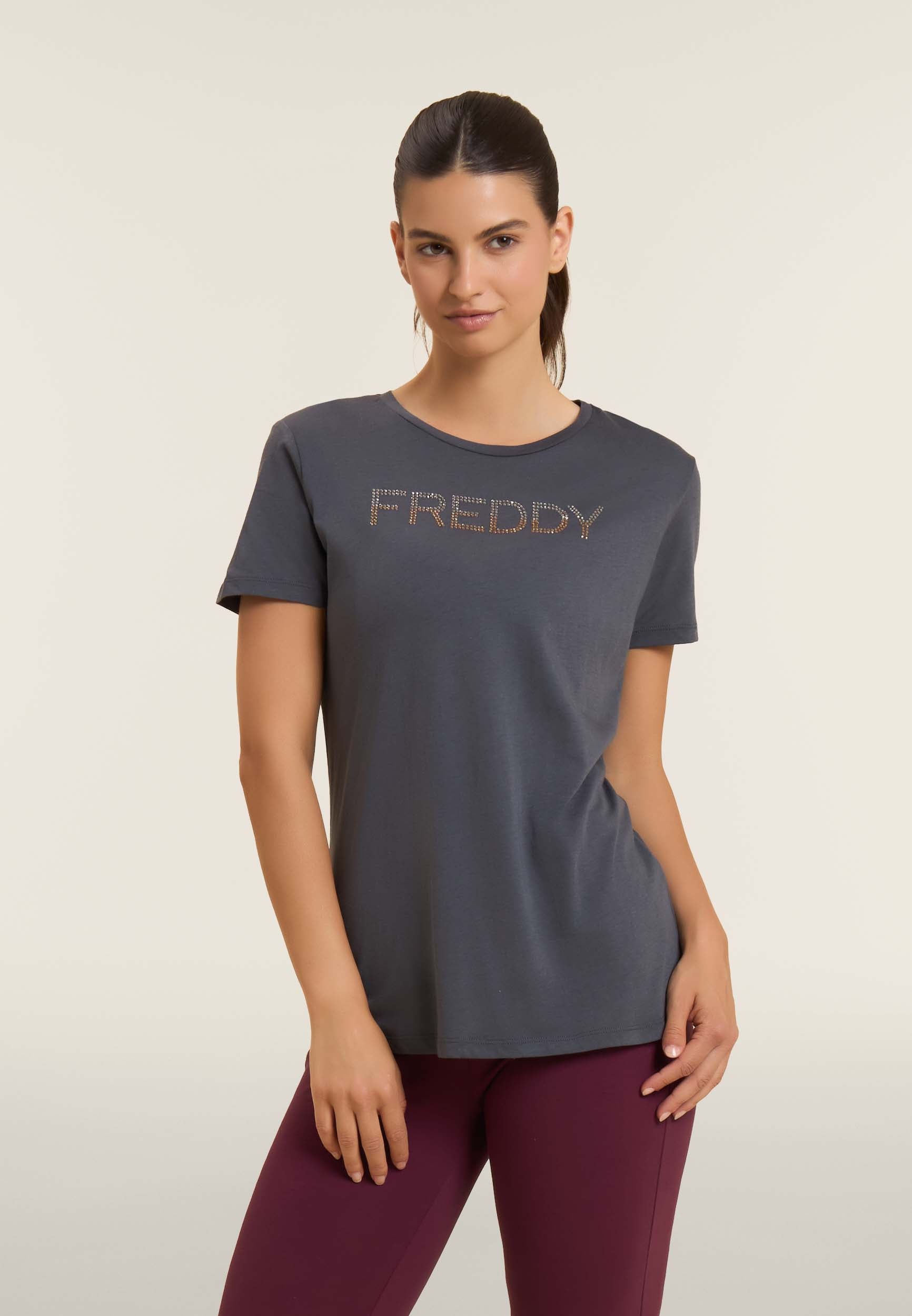 freddy-t-shirt-donna-jersey-modal-cotone-con-logo-strass-bicolori image 1