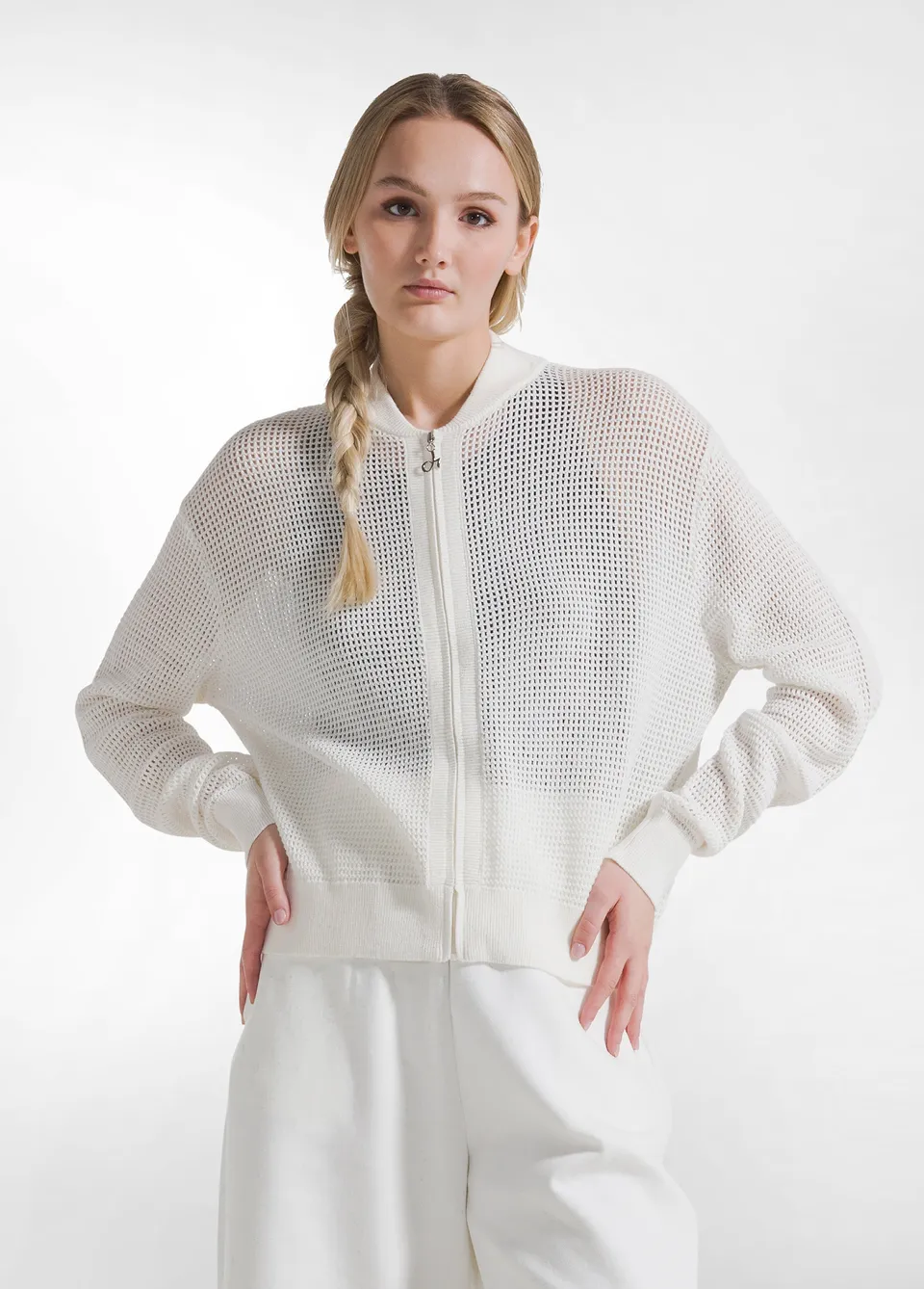 deha-felpa-full-zip-in-cotone-effetto-rete-bianco image 1