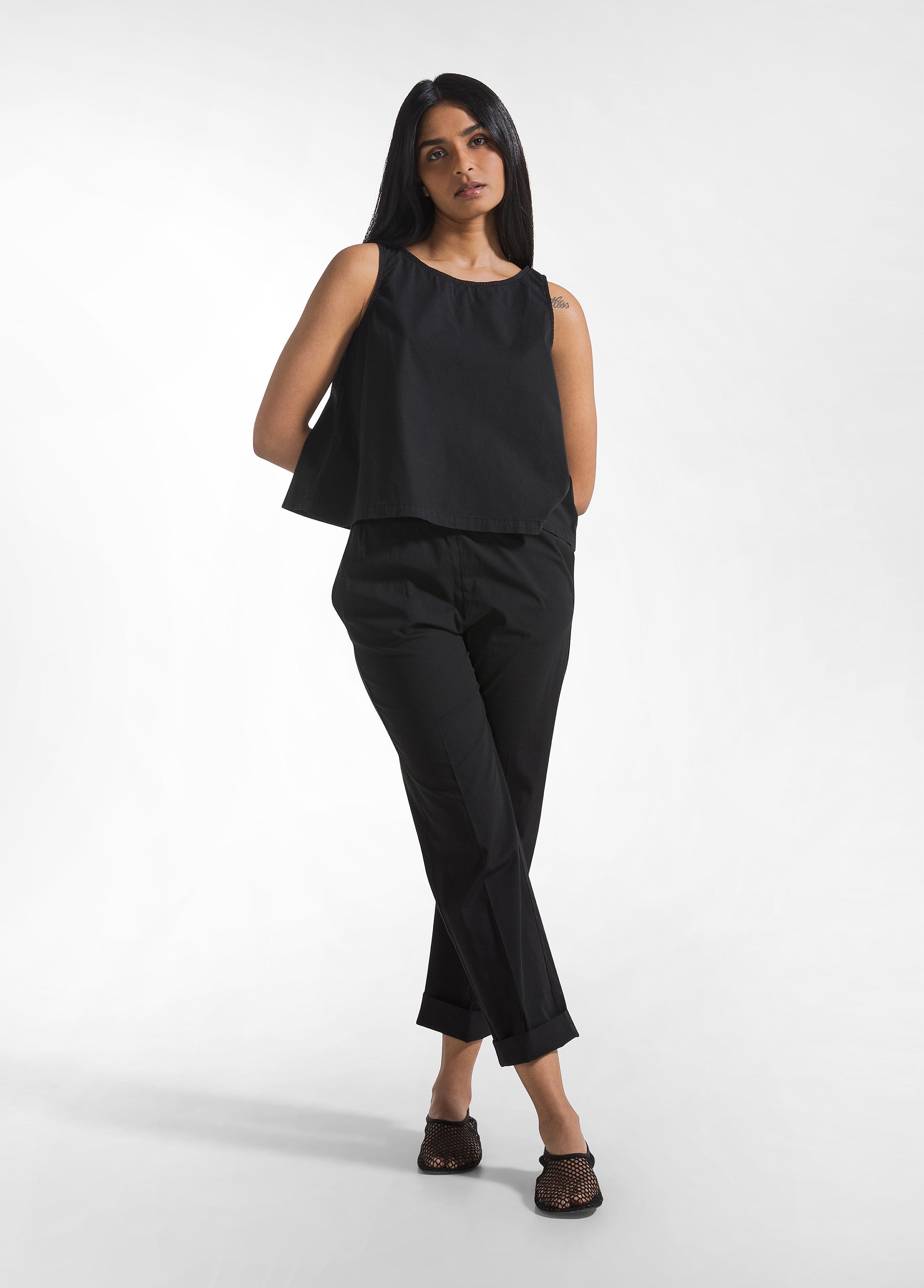 deha-completo-top-pantaloni-dritti-in-popline-elasticizzato-nero-donna image 1