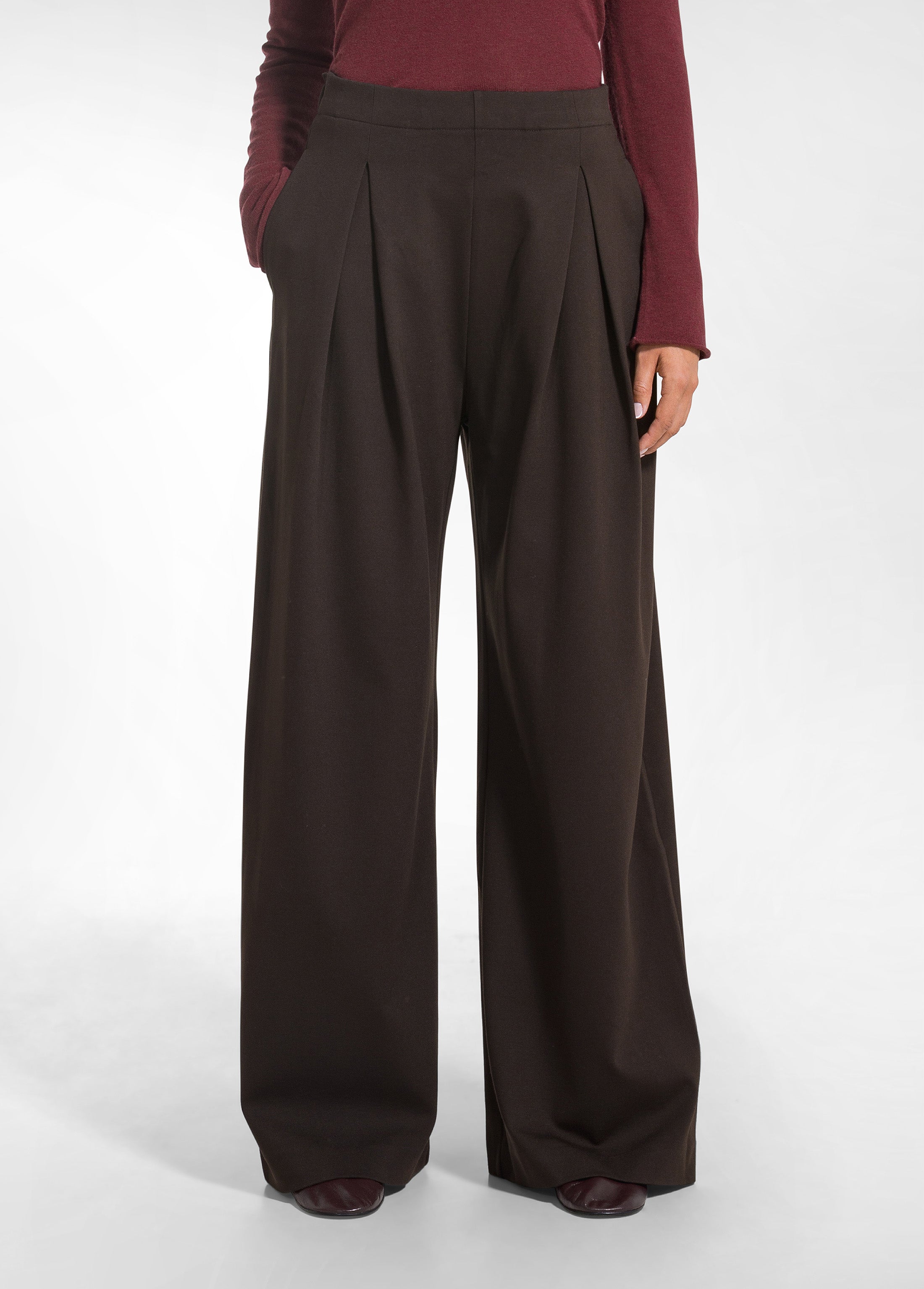 deha-pantalone-d52499-punto-milano-palazzo-con-pence-marrone image 2
