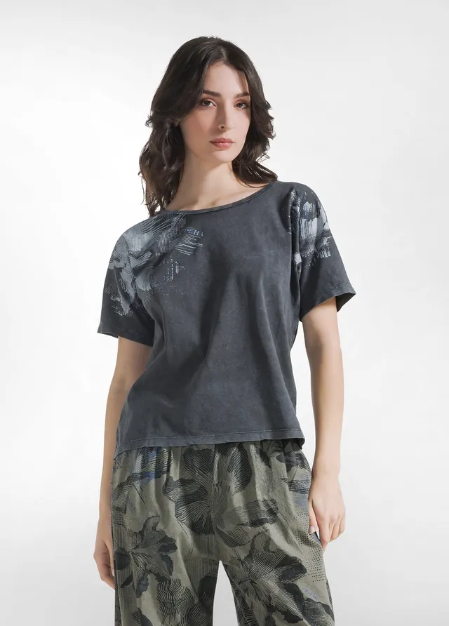 deha-t-shirt-marmorizzata-con-grafica-nero-donna image 1
