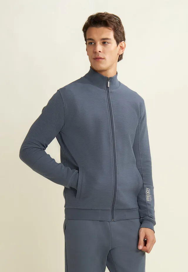 freddy-felpa-uomo-full-zip-rigata-con-grafica-sulla-manica image 1